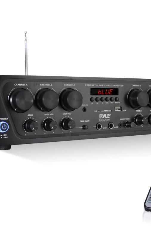 Pyle Wireless Bluetooth Karaoke-6 Channel 750 Watt Home Audio Sound Power Stereo Receiver Amplifier w/USB, Headphone, 2 Microphone Input w/Echo, Talkover for PA PTA62BT, AUX, Black