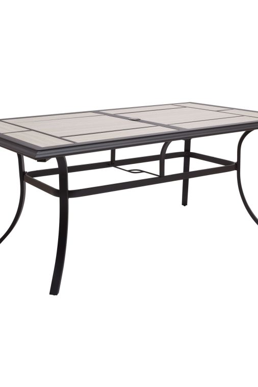 Better Homes & Gardens Newport Outdoor Ceramic Tile Top Rectangular Dining Table with Umbrella Hole, Gray Tabletop, Black Frame Finish, Seats 6