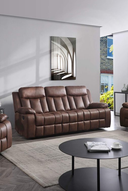 Betsy Furniture 3-PC Microfiber Fabric Recliner Set Living Room Set in Brown, Sofa Loveseat Chair Pillow Top Backrest and Armrests 8028 (Living Room Set 3+2+1)