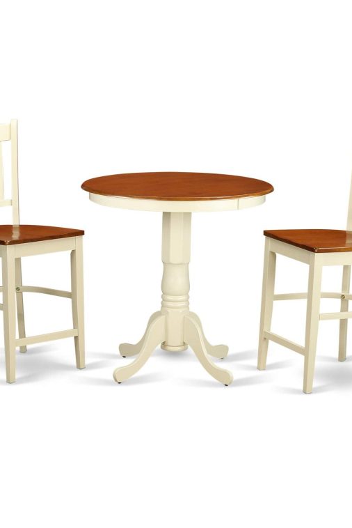 East West Furniture EDGR3-WHI-W Eden 3 Piece Kitchen Counter Set for Small Spaces Contains a Round Room Table with Pedestal and 2 Dining Chairs, 30x30 Inch, Buttermilk & Cherry - Image 3