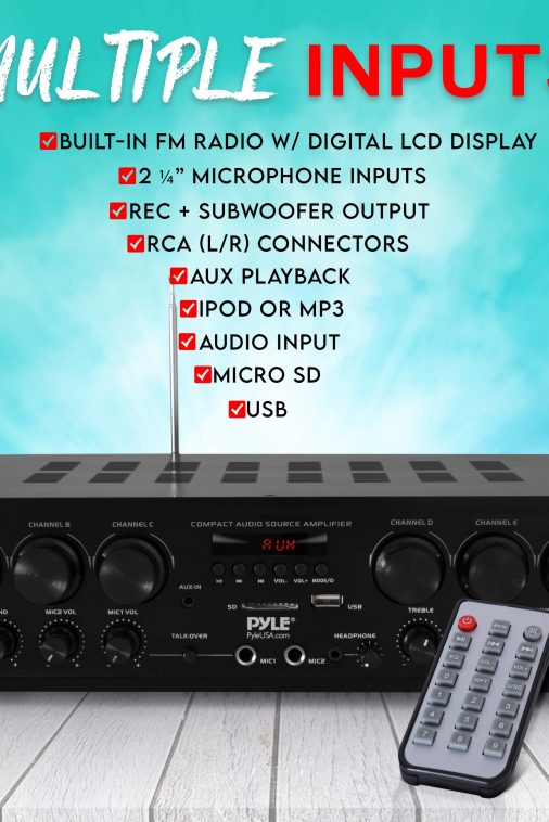 Pyle Wireless Bluetooth Karaoke-6 Channel 750 Watt Home Audio Sound Power Stereo Receiver Amplifier w/USB, Headphone, 2 Microphone Input w/Echo, Talkover for PA PTA62BT, AUX, Black - Image 6