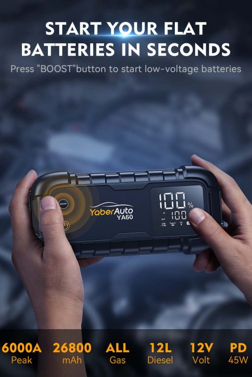 YaberAuto Car Battery Jump Starter 6000A Powerful Portable Jump Box( for All Gas/ 12L Diesel Engines)45W Fast Charging,Extended Jumper Cables,600 Lumens Light - Image 3