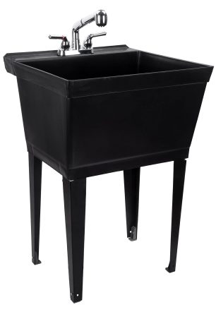 Black Utility Sink Laundry Tub With Pull Out Chrome Faucet, Sprayer Spout, Heavy Duty Slop Sinks For Washing Room, Basement, Garage or Shop, Large Free Standing Wash Station Tubs and Drainage (Black)