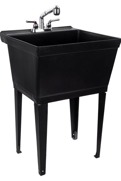 Black Utility Sink Laundry Tub With Pull Out Chrome Faucet, Sprayer Spout, Heavy Duty Slop Sinks For Washing Room, Basement, Garage or Shop, Large Free Standing Wash Station Tubs and Drainage (Black)