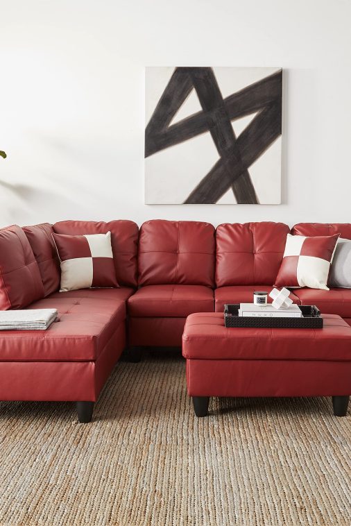 Beverly Fine Furniture Left Facing Russes Sectional Sofa Set With Ottoman, RED - Image 3