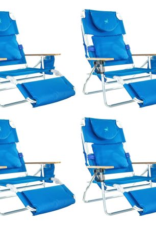 Ostrich Deluxe Padded 3-N-1 Outdoor Lounge Reclining Beach Chair, Blue (4 Pack)