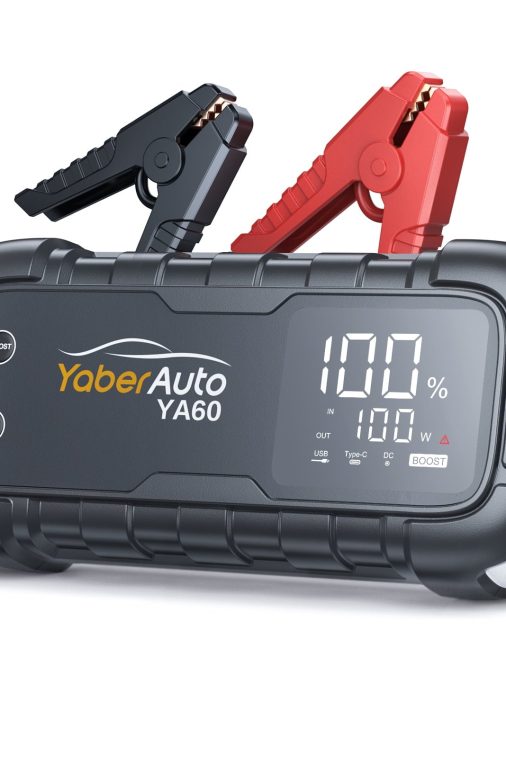 YaberAuto Car Battery Jump Starter 6000A Powerful Portable Jump Box( for All Gas/ 12L Diesel Engines)45W Fast Charging,Extended Jumper Cables,600 Lumens Light