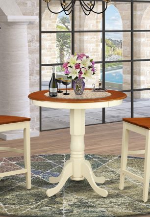 East West Furniture EDGR3-WHI-W Eden 3 Piece Kitchen Counter Set for Small Spaces Contains a Round Room Table with Pedestal and 2 Dining Chairs, 30x30 Inch, Buttermilk & Cherry