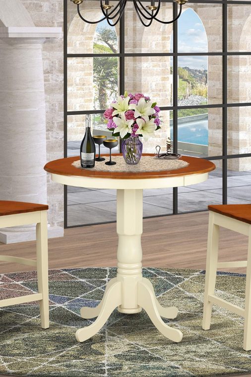East West Furniture EDGR3-WHI-W Eden 3 Piece Kitchen Counter Set for Small Spaces Contains a Round Room Table with Pedestal and 2 Dining Chairs, 30x30 Inch, Buttermilk & Cherry