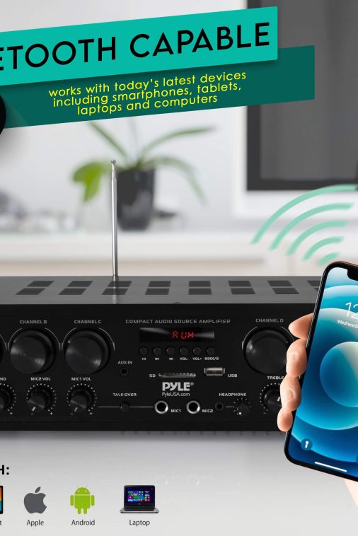 Pyle Wireless Bluetooth Karaoke-6 Channel 750 Watt Home Audio Sound Power Stereo Receiver Amplifier w/USB, Headphone, 2 Microphone Input w/Echo, Talkover for PA PTA62BT, AUX, Black - Image 4