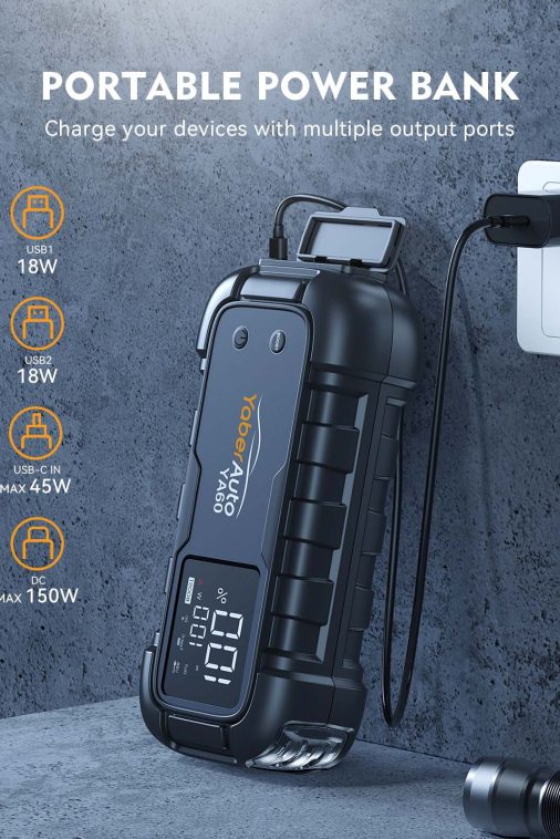 YaberAuto Car Battery Jump Starter 6000A Powerful Portable Jump Box( for All Gas/ 12L Diesel Engines)45W Fast Charging,Extended Jumper Cables,600 Lumens Light - Image 5