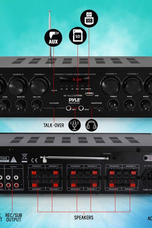Pyle Wireless Bluetooth Karaoke-6 Channel 750 Watt Home Audio Sound Power Stereo Receiver Amplifier w/USB, Headphone, 2 Microphone Input w/Echo, Talkover for PA PTA62BT, AUX, Black - Image 3