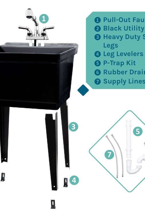 Black Utility Sink Laundry Tub With Pull Out Chrome Faucet, Sprayer Spout, Heavy Duty Slop Sinks For Washing Room, Basement, Garage or Shop, Large Free Standing Wash Station Tubs and Drainage (Black) - Image 10
